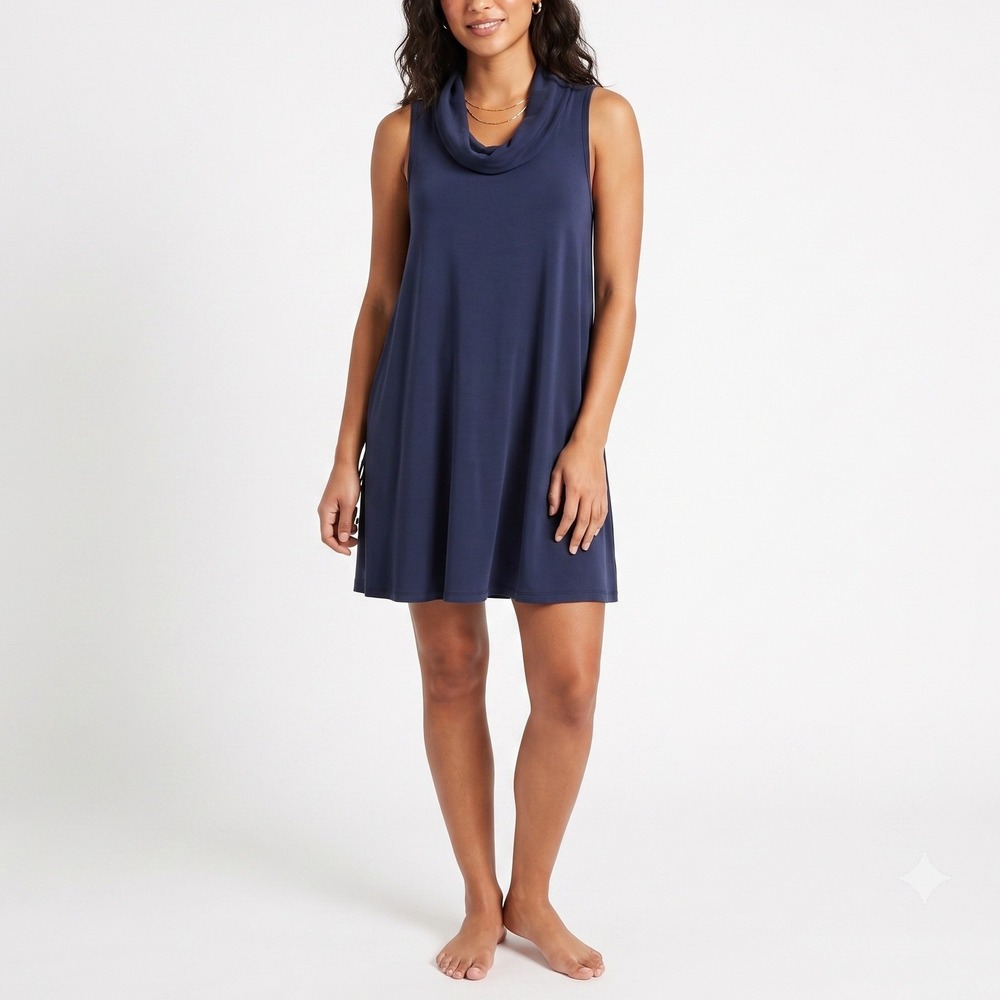 Nation LTD Cowl Neck Shift Dress M Navy Blue Sleeveless Modal Blend Fluid Mini